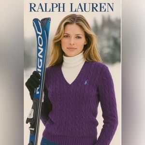 Y2K Ralph Lauren Sport Cable Knit Purple V Neck Sweater With Lime Green Pony
